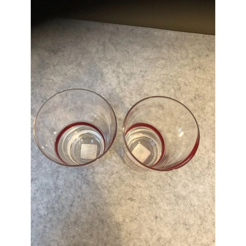 Pier 1 Swirline Red Swirl Highball Glasses Clear Hand Blown Tumblers 6.25
